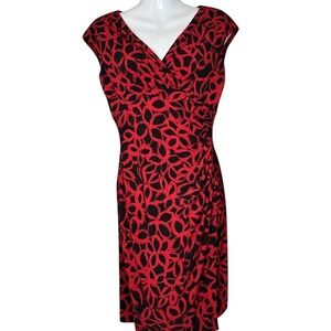 Lauren Ralph Lauren Dress Size 4 Red Black Stretch Faux‎ Wrap V Neck Cap Sleeve